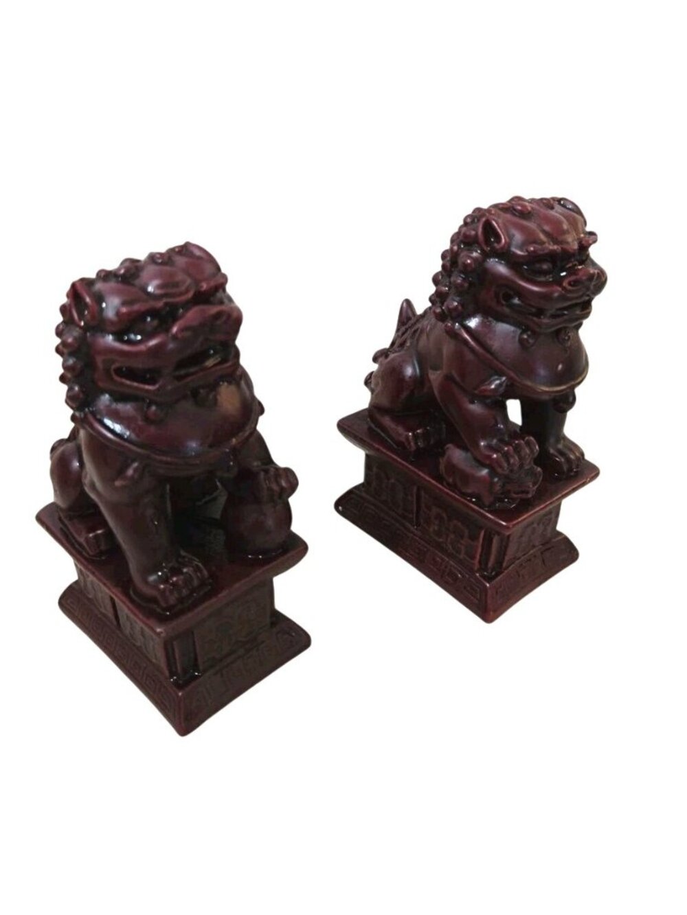 Chinese Foo Dog Guardian Lion Statues - Pair Of Resin Figurines - Burgundy Finis